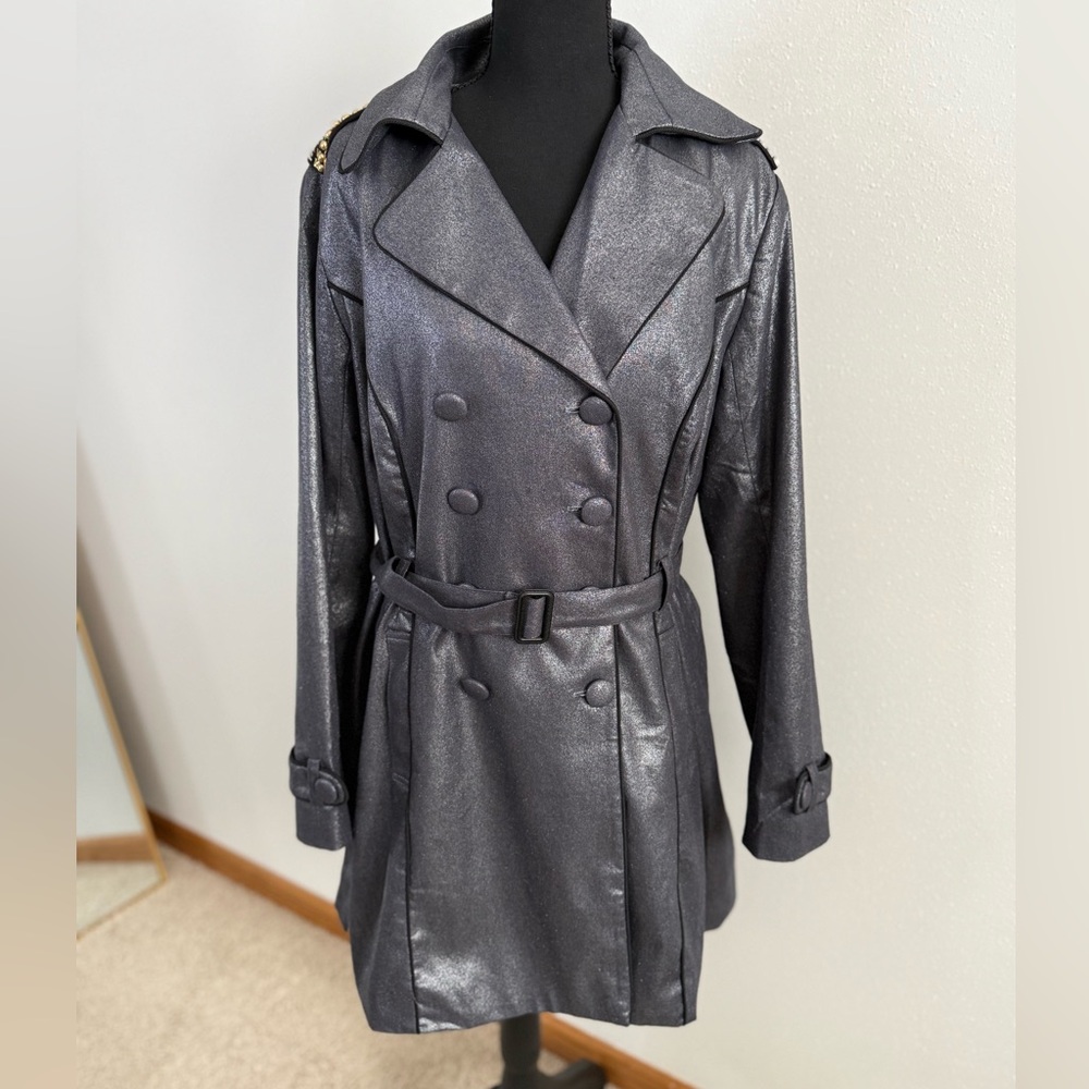 Sharif Couture Metallic Trench Coat Silver Studded Belted Glam Large